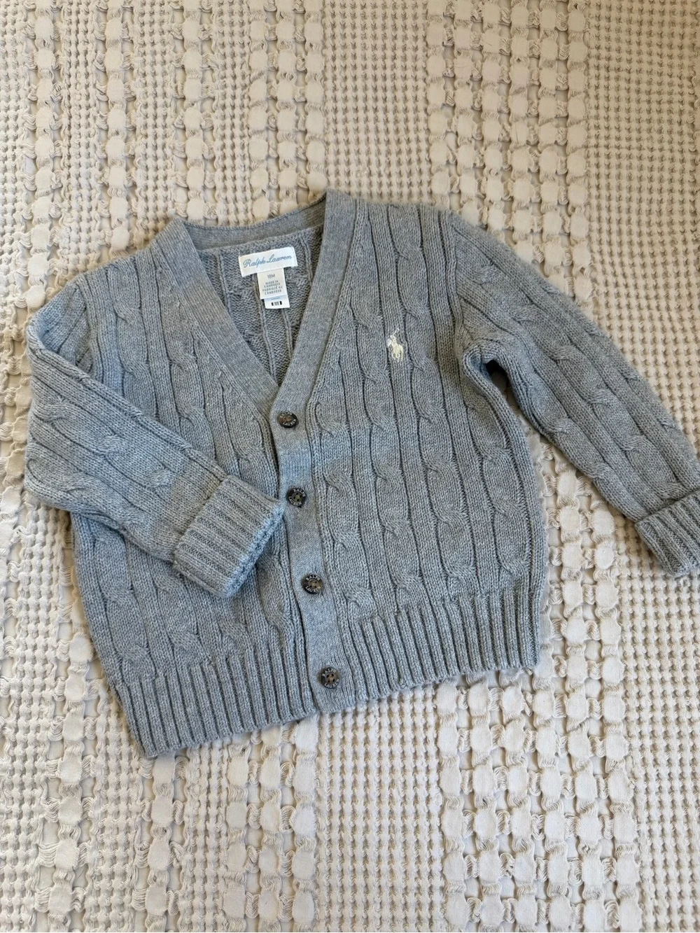 Ralph Lauren Sweater Baby 18M Gray Cable Knit Cotton Button Cardigan V Neck